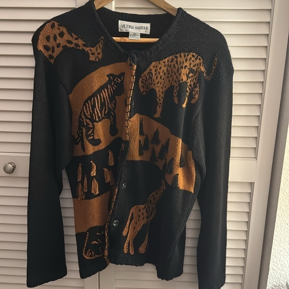 Victoria Harbour Cardigan Size Medium Sweater Black Brown Animal Print Vintage - Picture 2 of 8